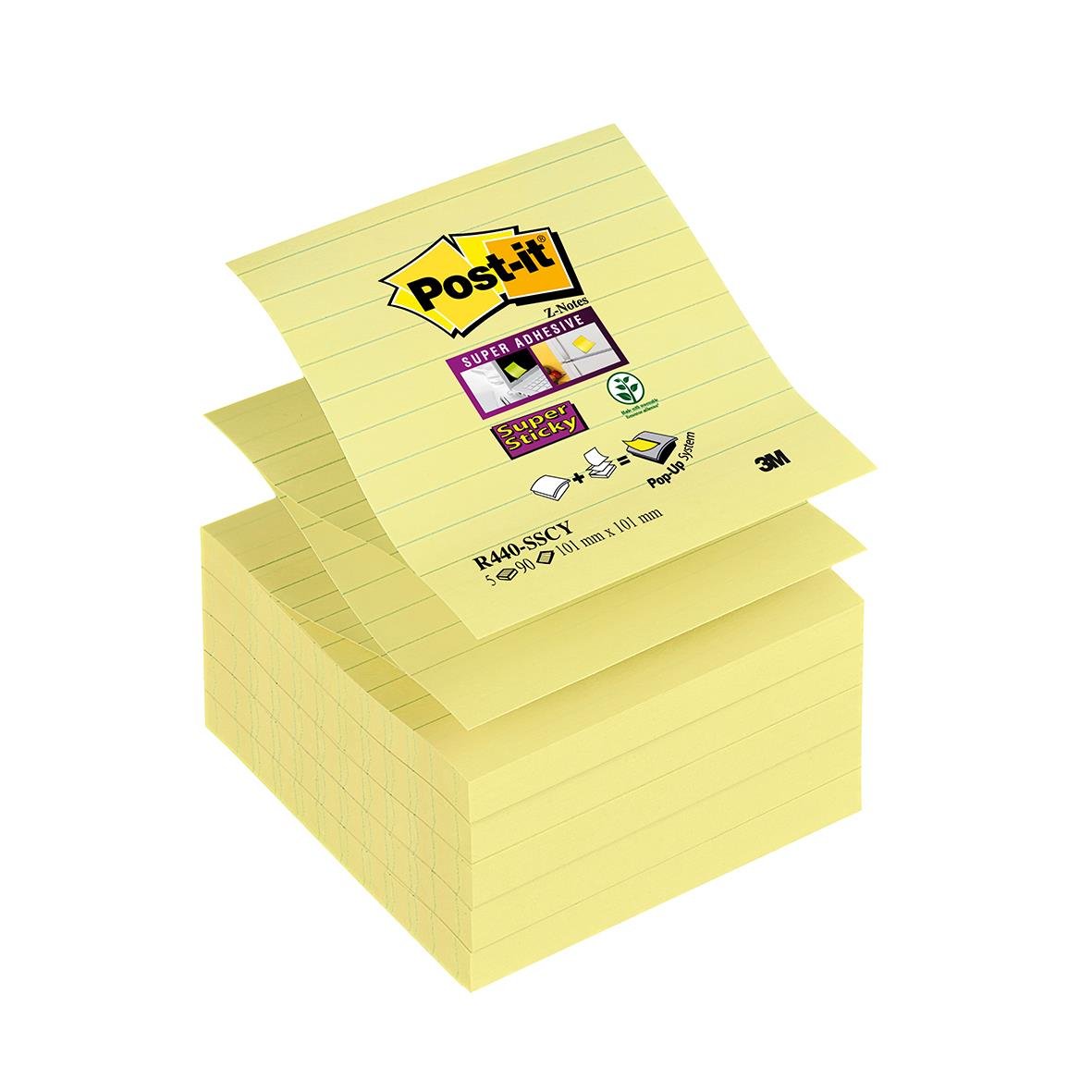 Gula Post-it Super S Z-Notes med linjerade ytor och 101x101mm storlek