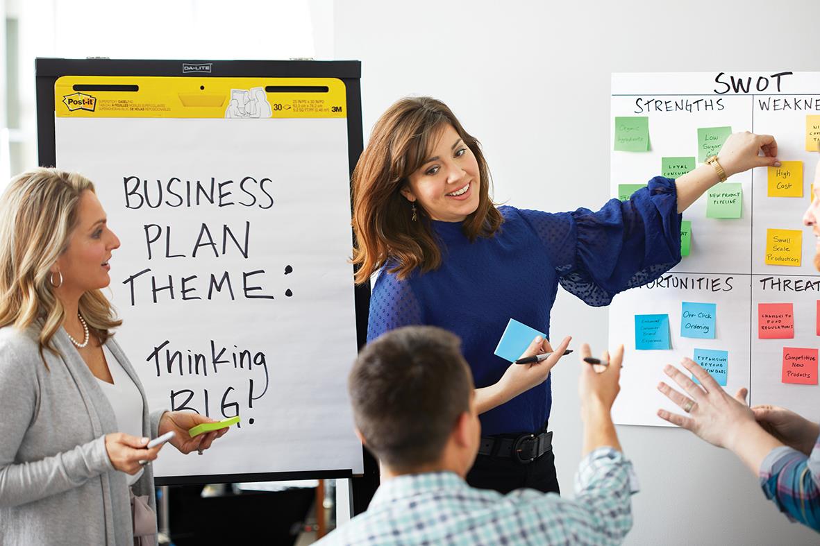 Kvinnor och man i möte som diskuterar affärsplan och SWOT-analys med post-it lappar på whiteboard