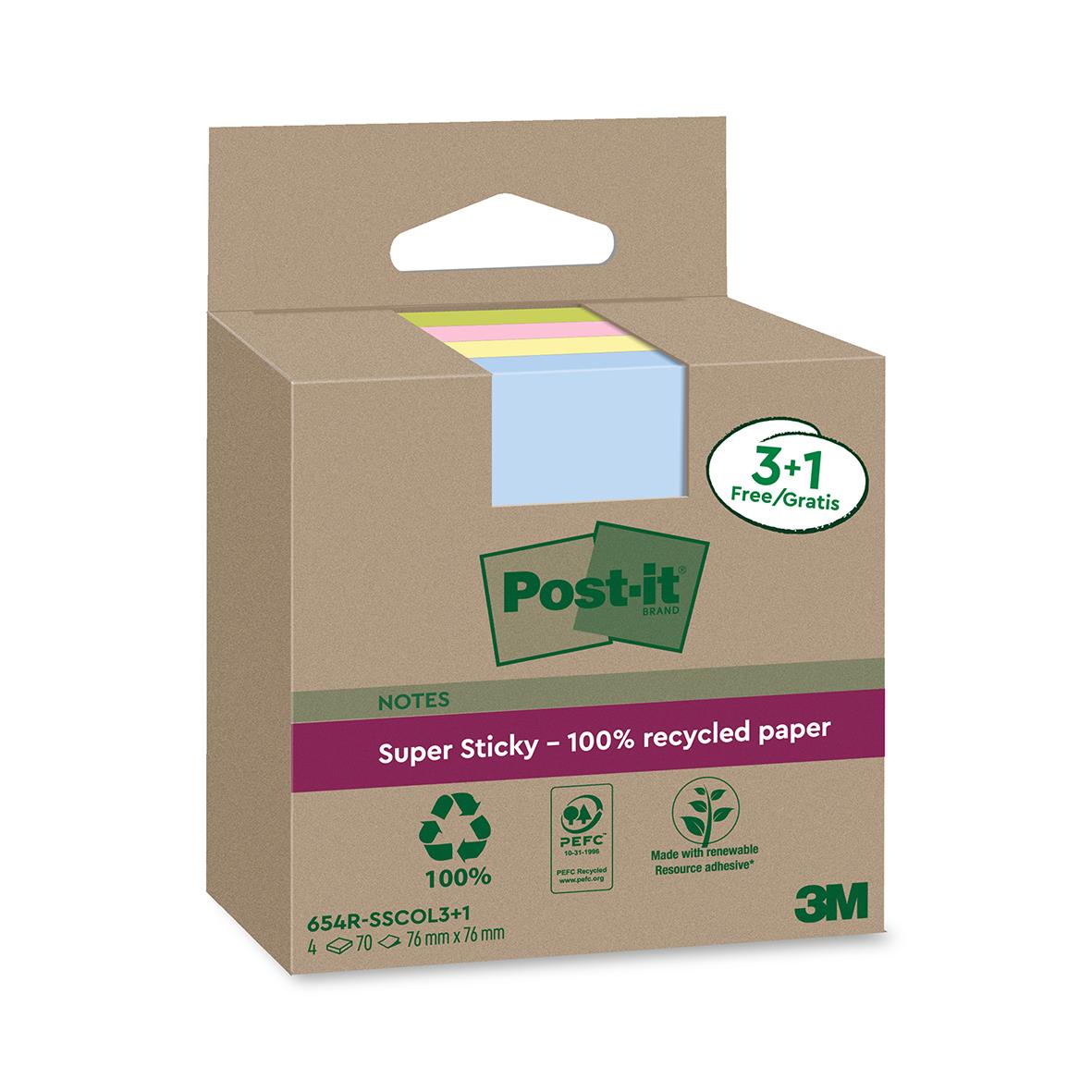 Notisar Post-it Super Sticky Recycled Mix Färger 76x76mm