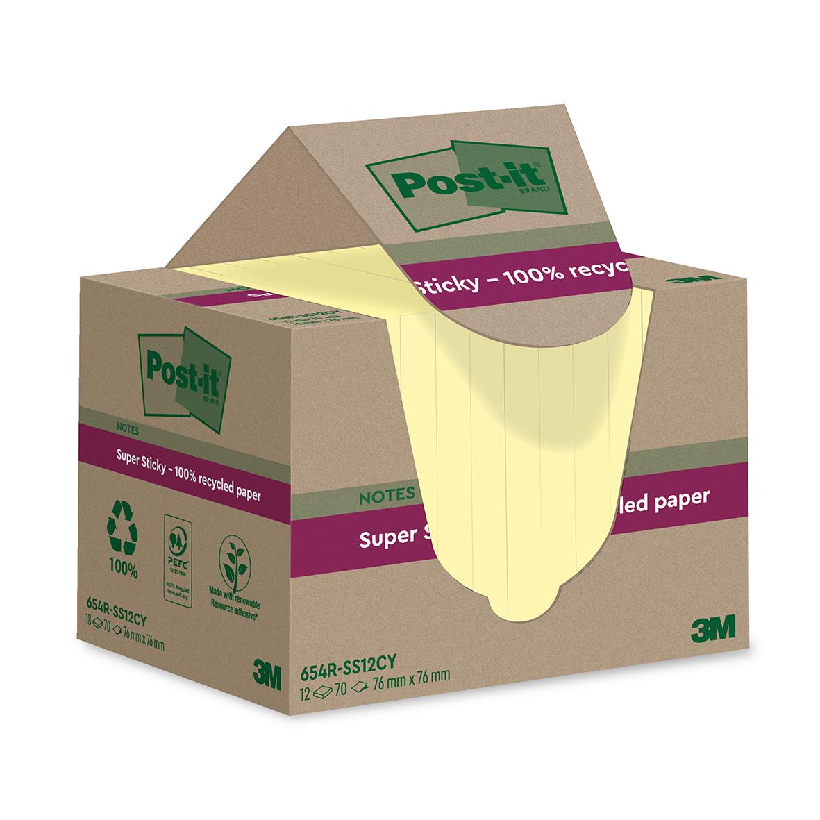 Post-it Super Sticky återvunnet gult post-it-ark 76x76mm i förpackning