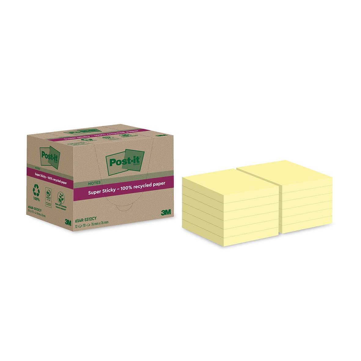 Gul Post-it Super Sticky återvinningsbart papper 76x76mm i förpackning och staplade block
