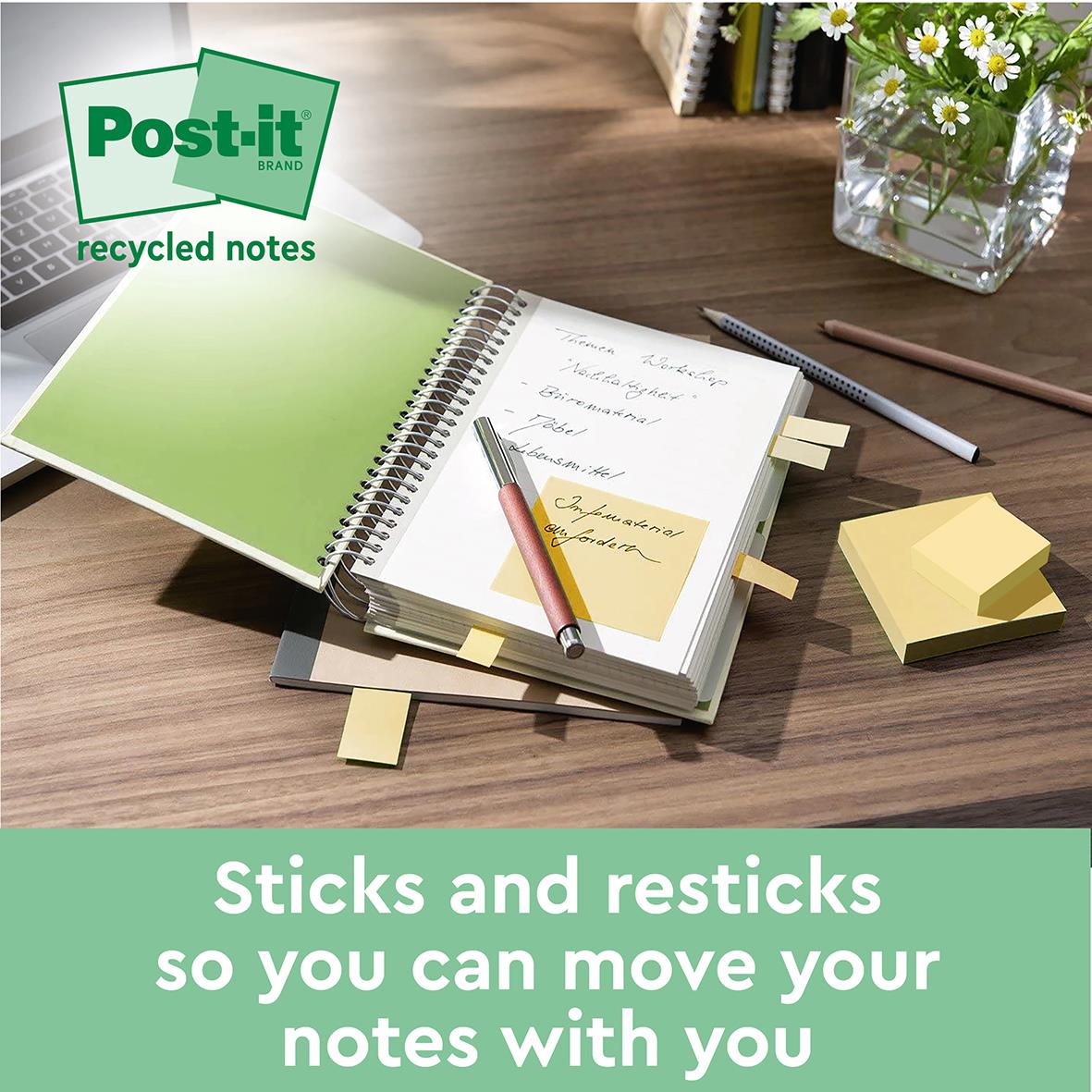 Post-it Super Sticky återvunna gula klisterlappar 76x76mm på skrivbord med anteckningar och växter