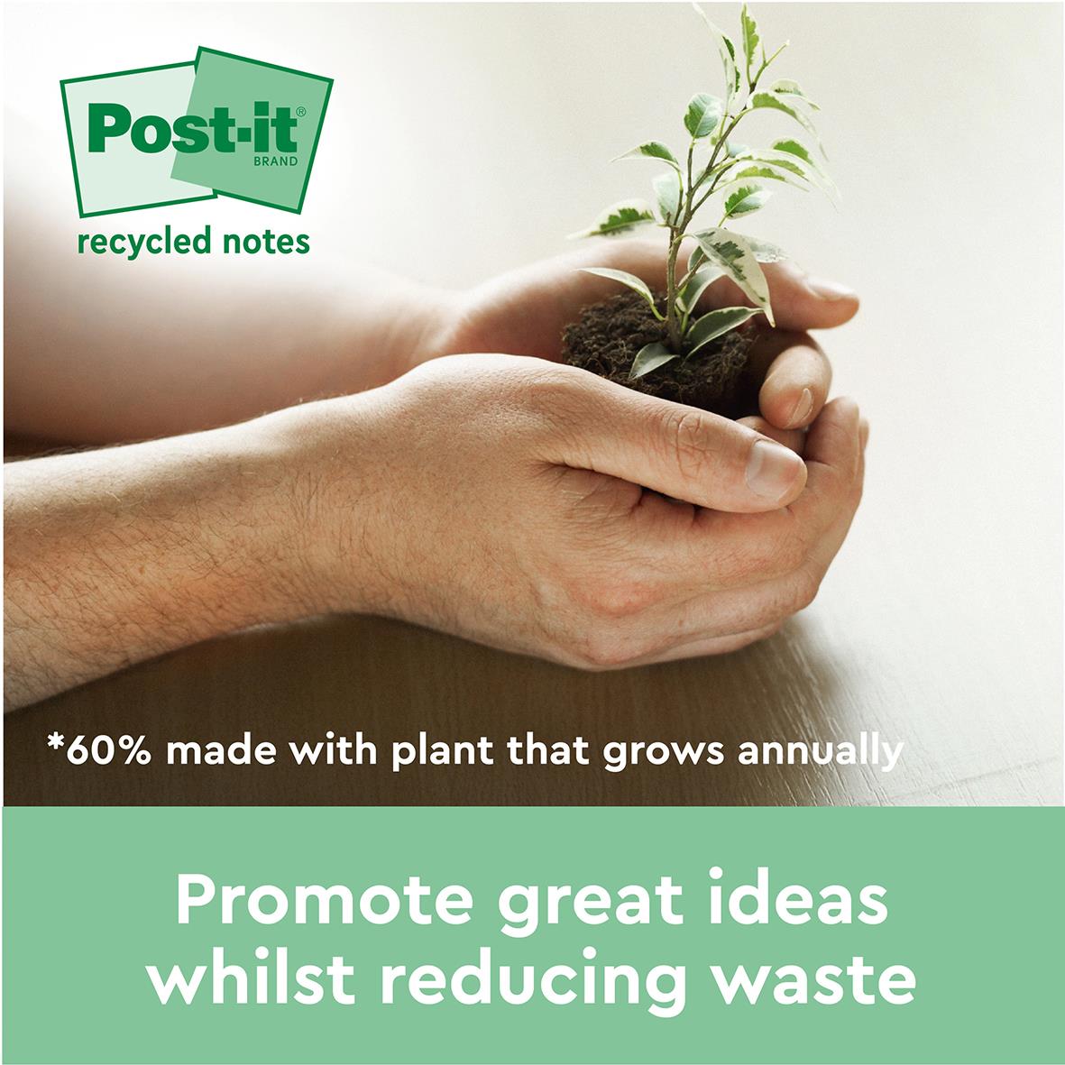 Post-it Super Sticky återvunna gula lappar 76x76mm med växt som växer i handen, främjar idéer och minskar avfall