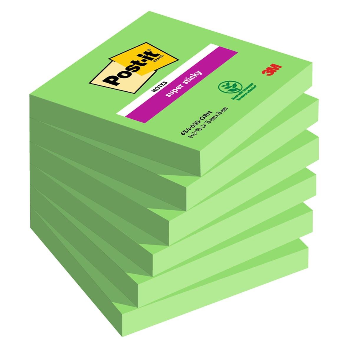 Gröna Post-it Super Sticky lappar i stapel med 90 blad, 76x76mm