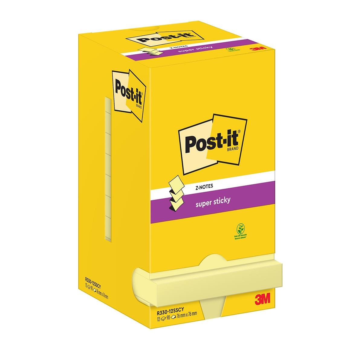 Gult Post-it Super Sticky Z-Notes 76x76mm i box med klämma för att fästa lappar