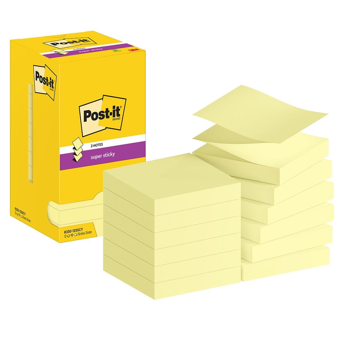 Gula Post-it Super Sticky Z-Notes på skrivbordet med anteckningar och kontorsmaterial