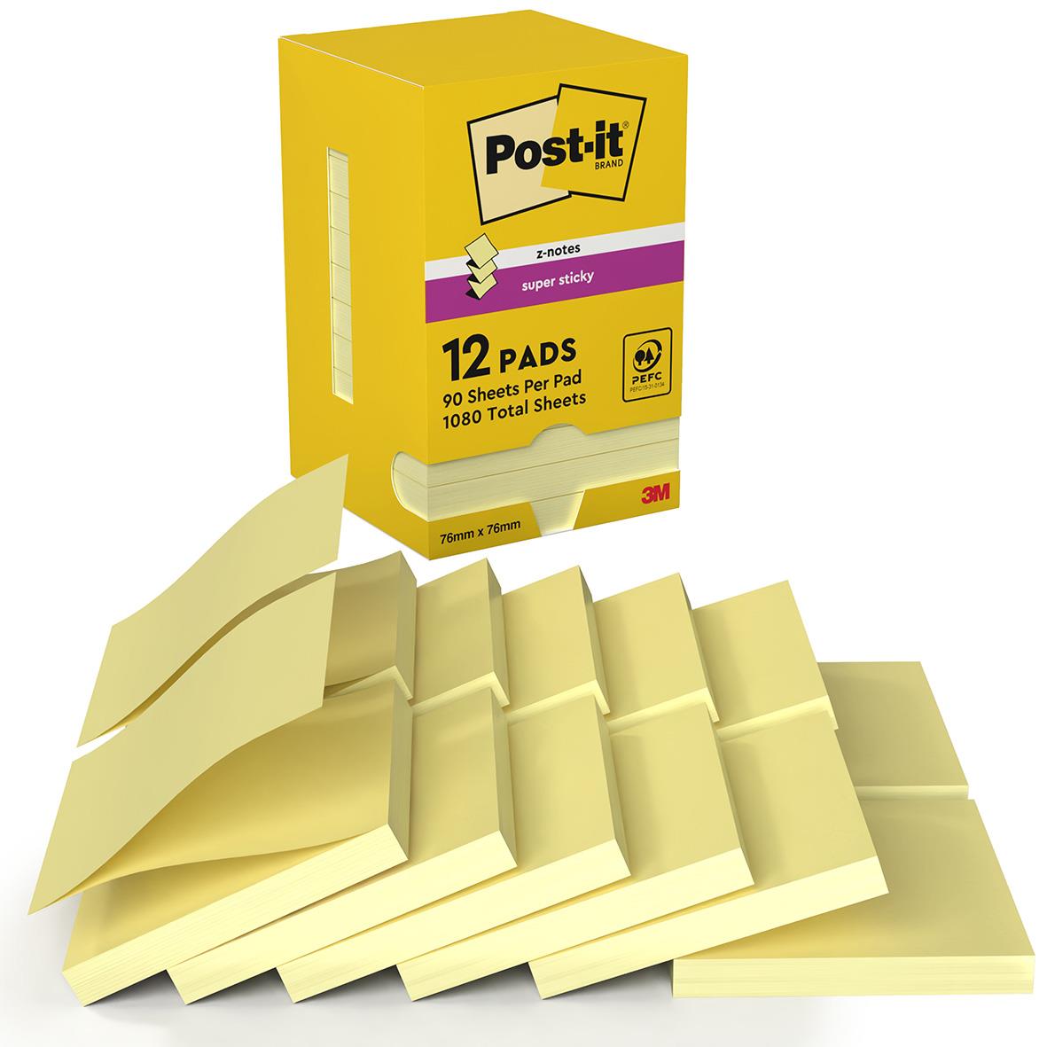 Gula Post-it Super Sticky Z-Notes 76x76mm i förpackning med 12 blad