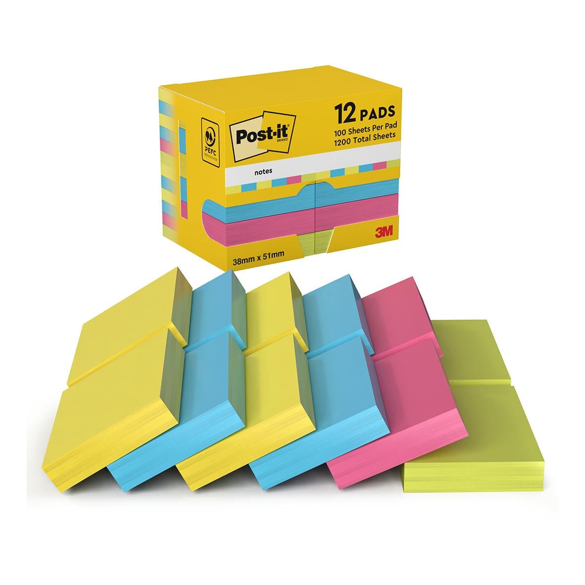 Person som använder Notisar Post-it energiska 38x51mm för att skriva och organisera anteckningar i en öppen mapp