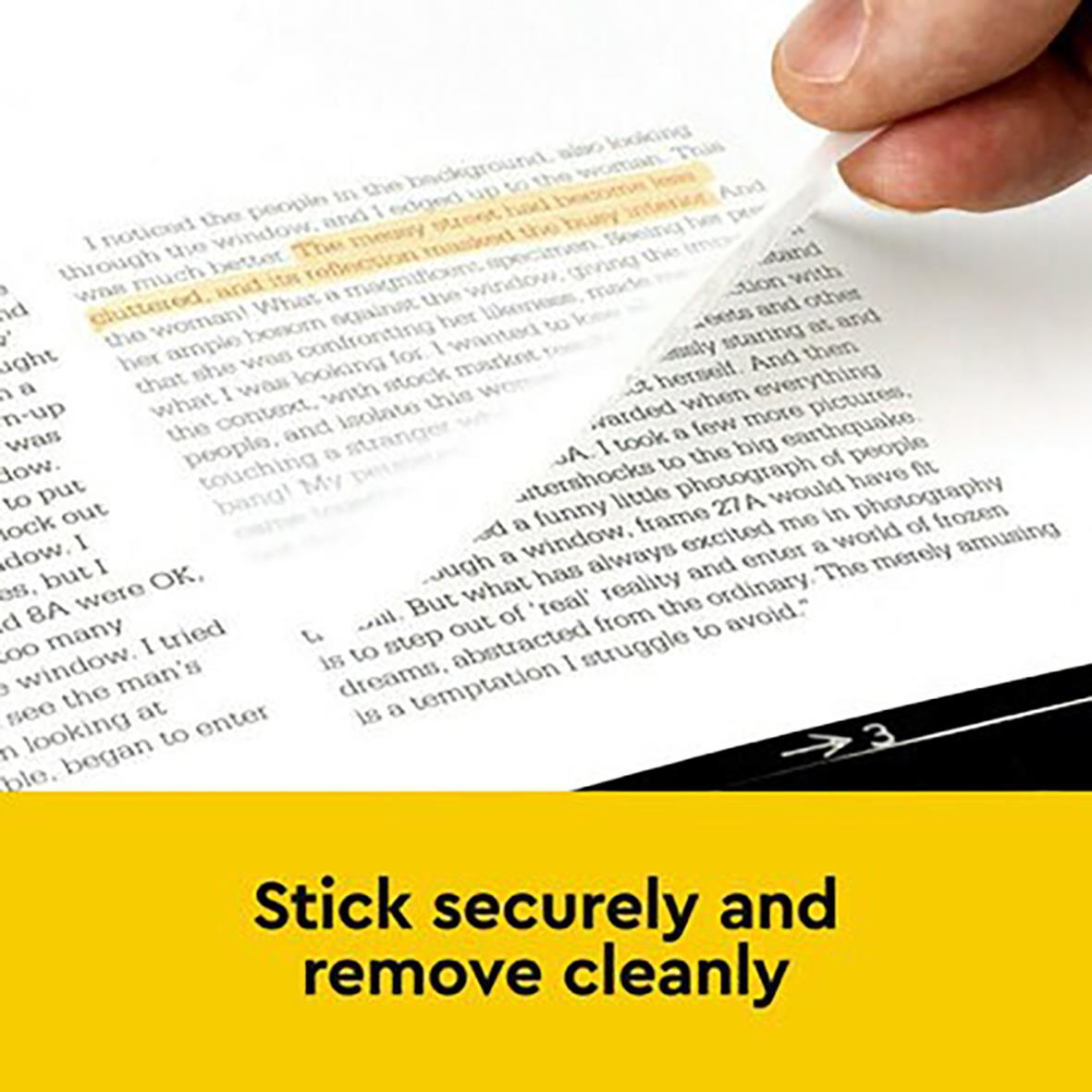Transparanta Post-it-lappar med instruktion om att fästa säkert och ta bort rent