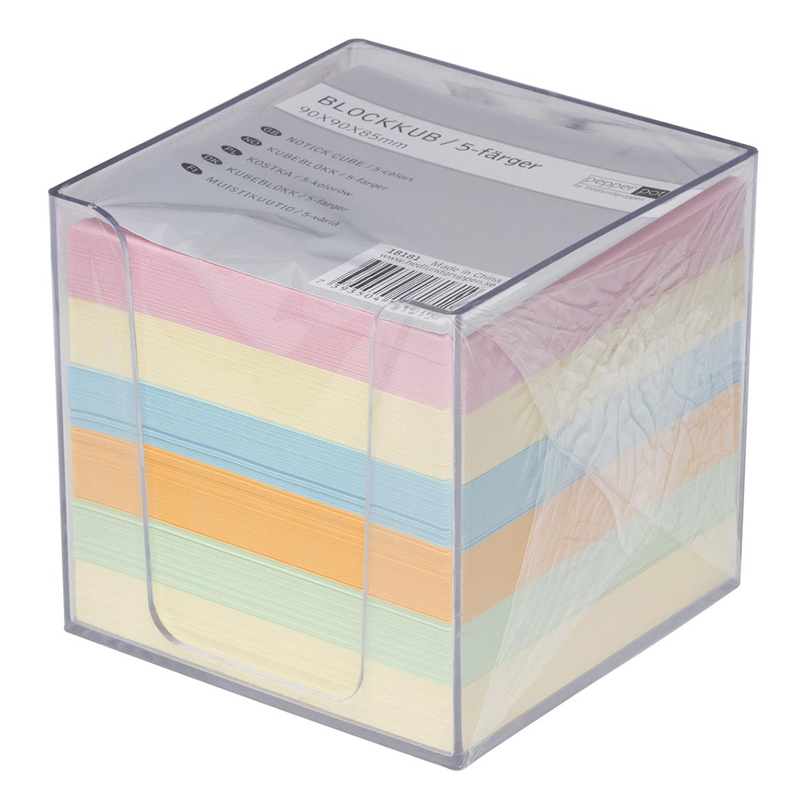Färgglada blockkub med hållare och limmad mixfärgade blad, 90x90mm, 850 blad