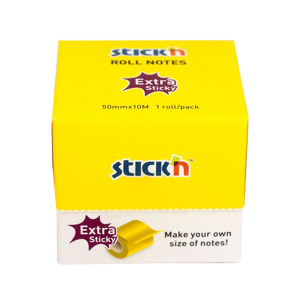 Neon gul notisremsa Stick'n Memorulle Extra Sticky 50mm x 10m i förpackning