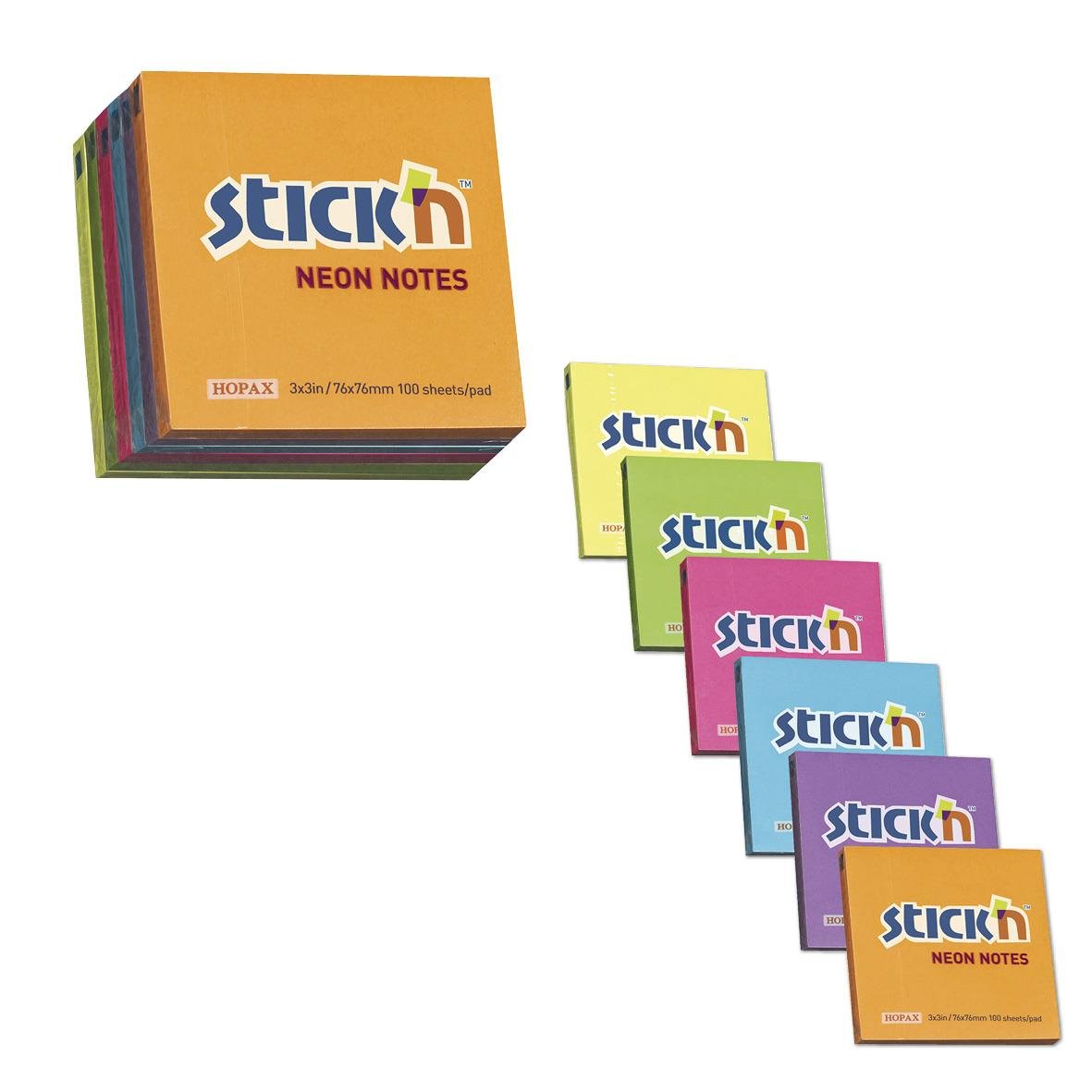 Notisar Stick´n Neon Mix Färg 76x76mm, 100 blad i olika neonfärger