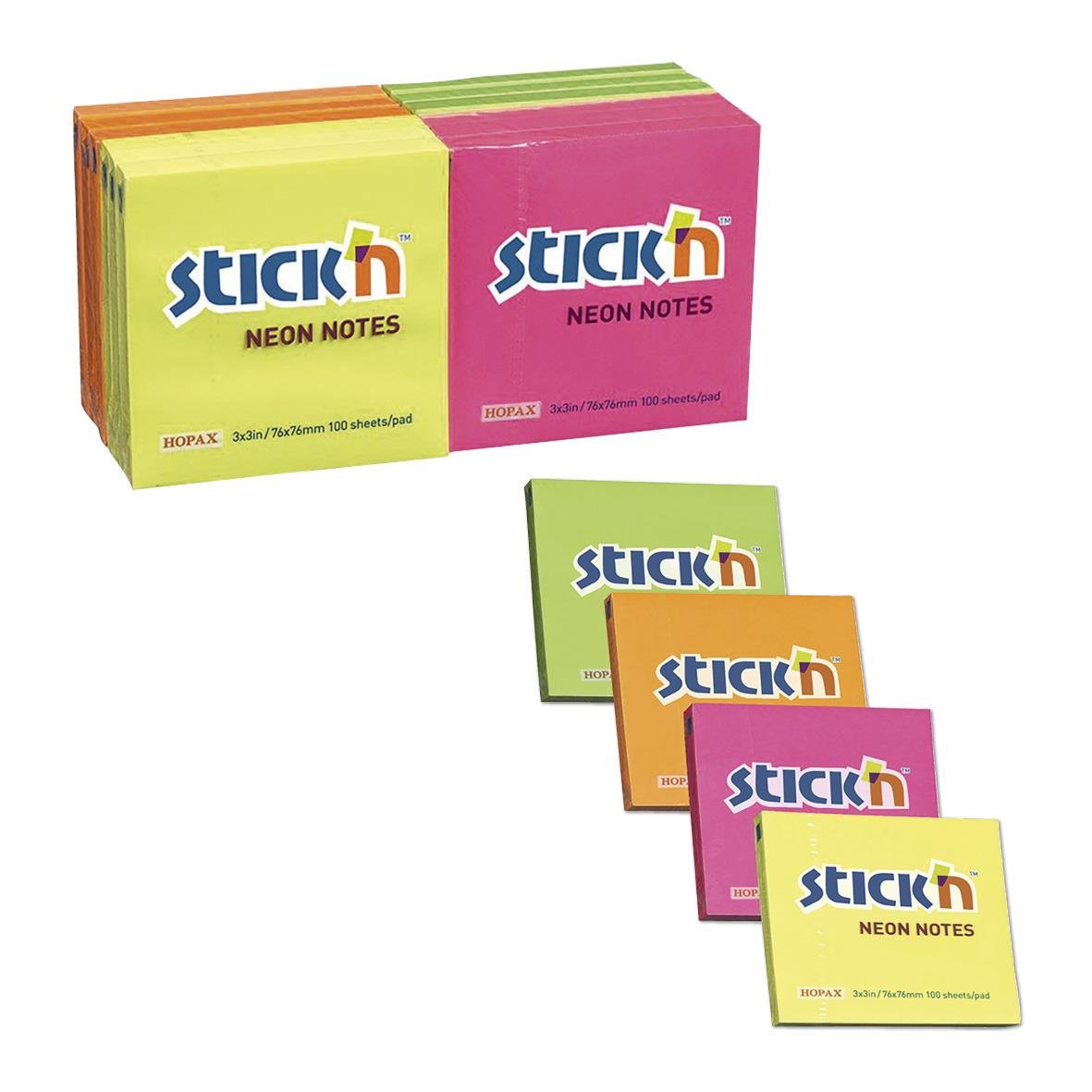 Notisar Stick´n Neon Mix Färg 76x76mm 100 blad i färgglada block