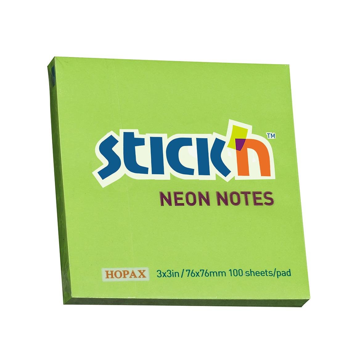 Grön box med Stick'n Neon Notes i olika färger, 76x76mm, 100 blad