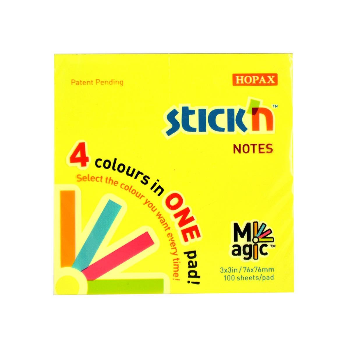 Notisar Stick´n Magic Neon Mix färg 76x76mm, 100 blad, fyra färger i ett ark, för kreativitet och märkning