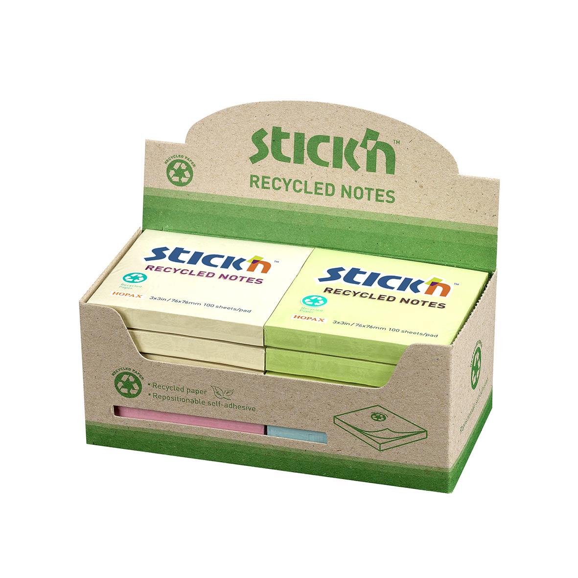 Notisar Stick´n Recycled Mix Färg 76x76mm 100 Blad i display med grönt och vitt design