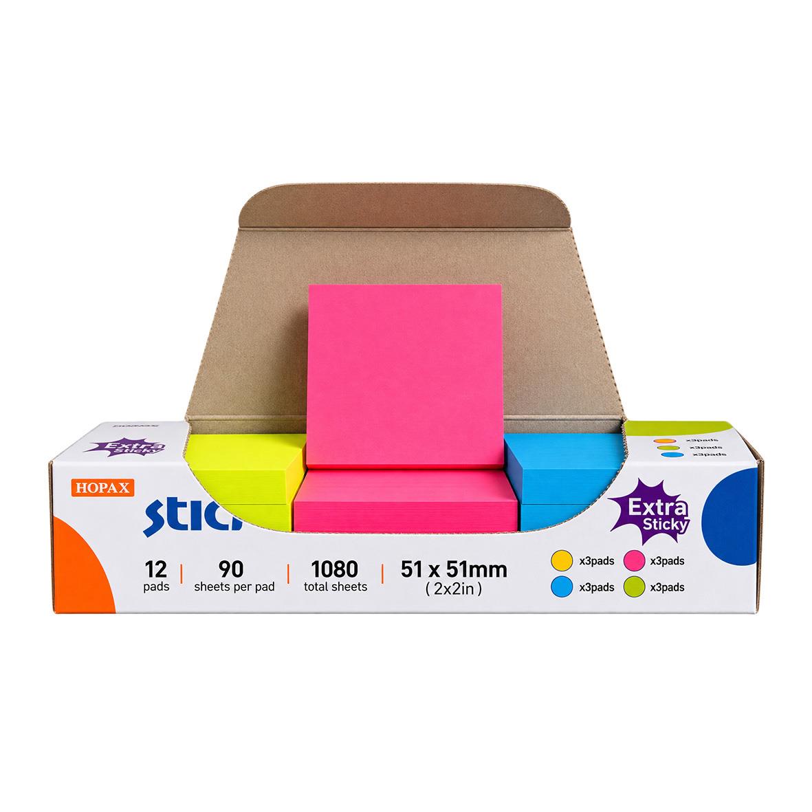 Förpackning med extra starka post-it lappar i olika färger och storlekar