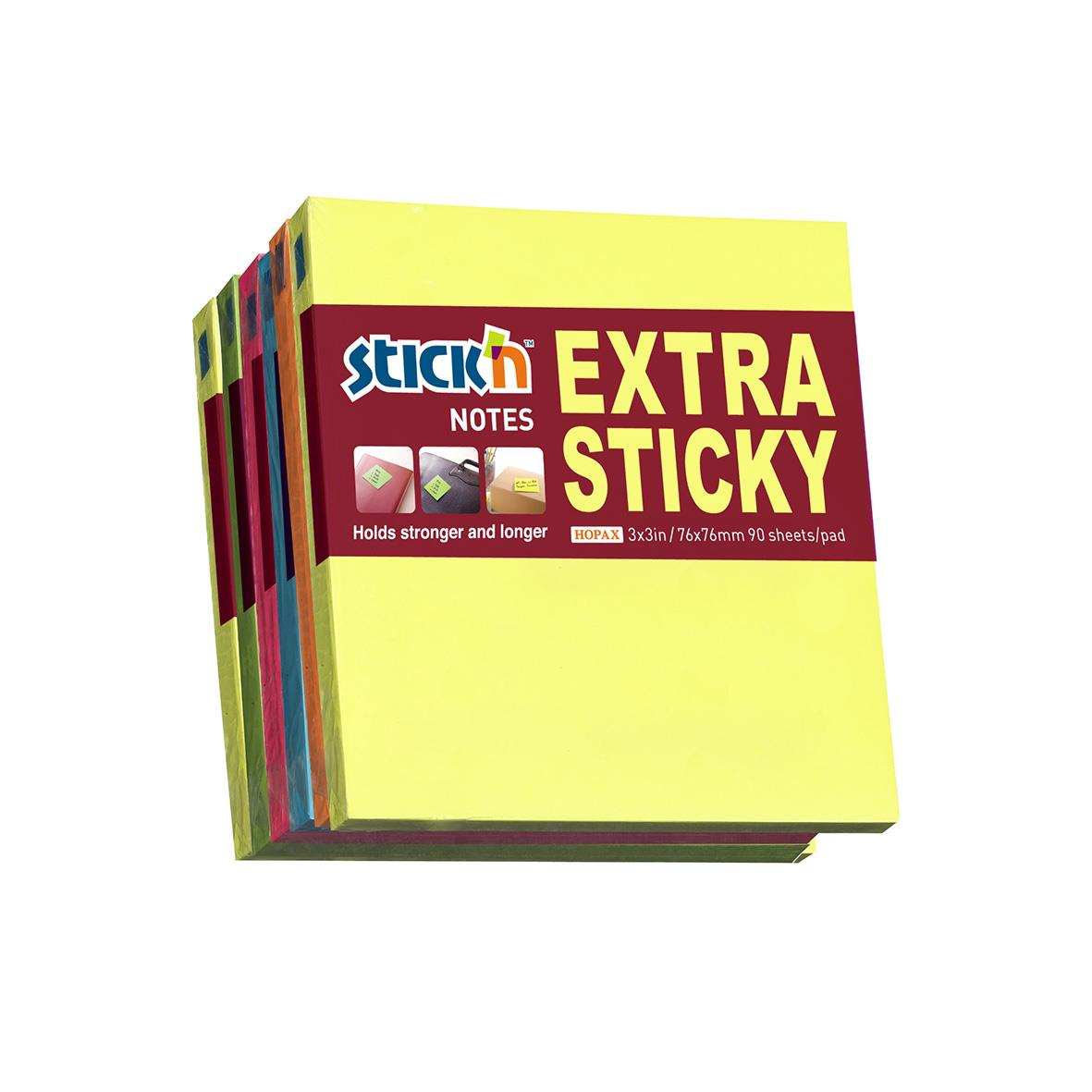 Notisar Stick'n Extra Sticky neongula post-it-lappar 76x76mm, 90 blad