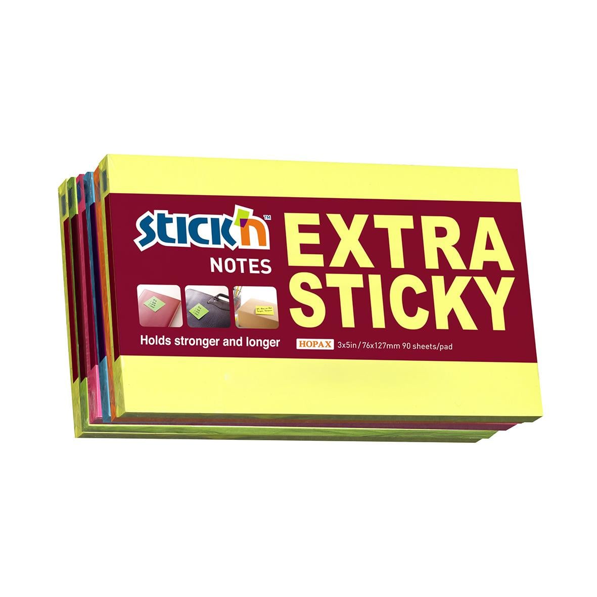 Notisar Stick´n Extra Sticky 6-pack neonfärgade post-it-lappar 76x127mm, 90 blad