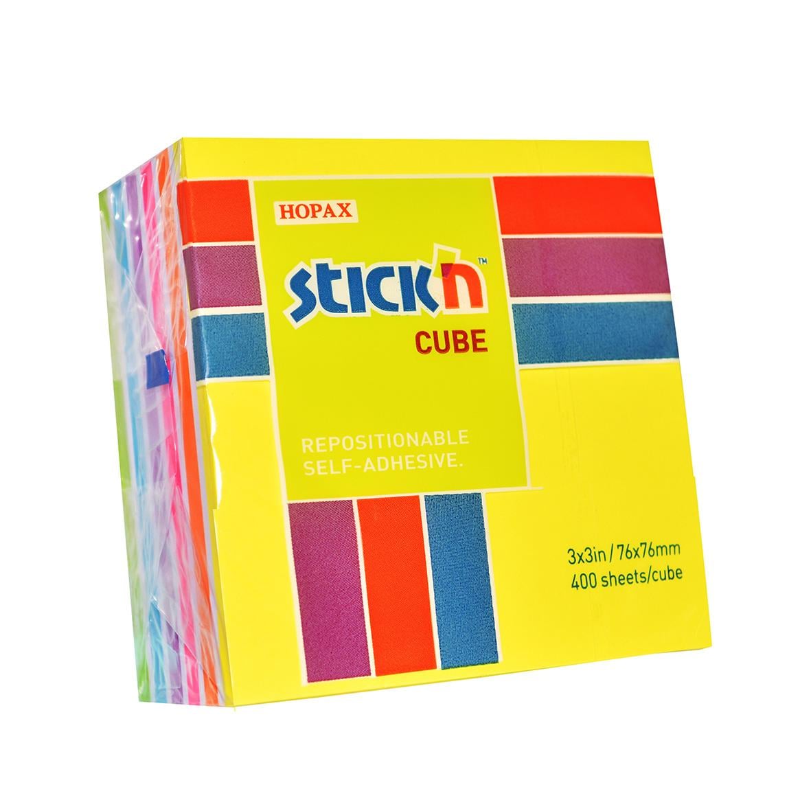 Notiskub Stick´n Neonfärg/Vit 76x76mm, 400 blad, självhäftande, färgglad för märkning