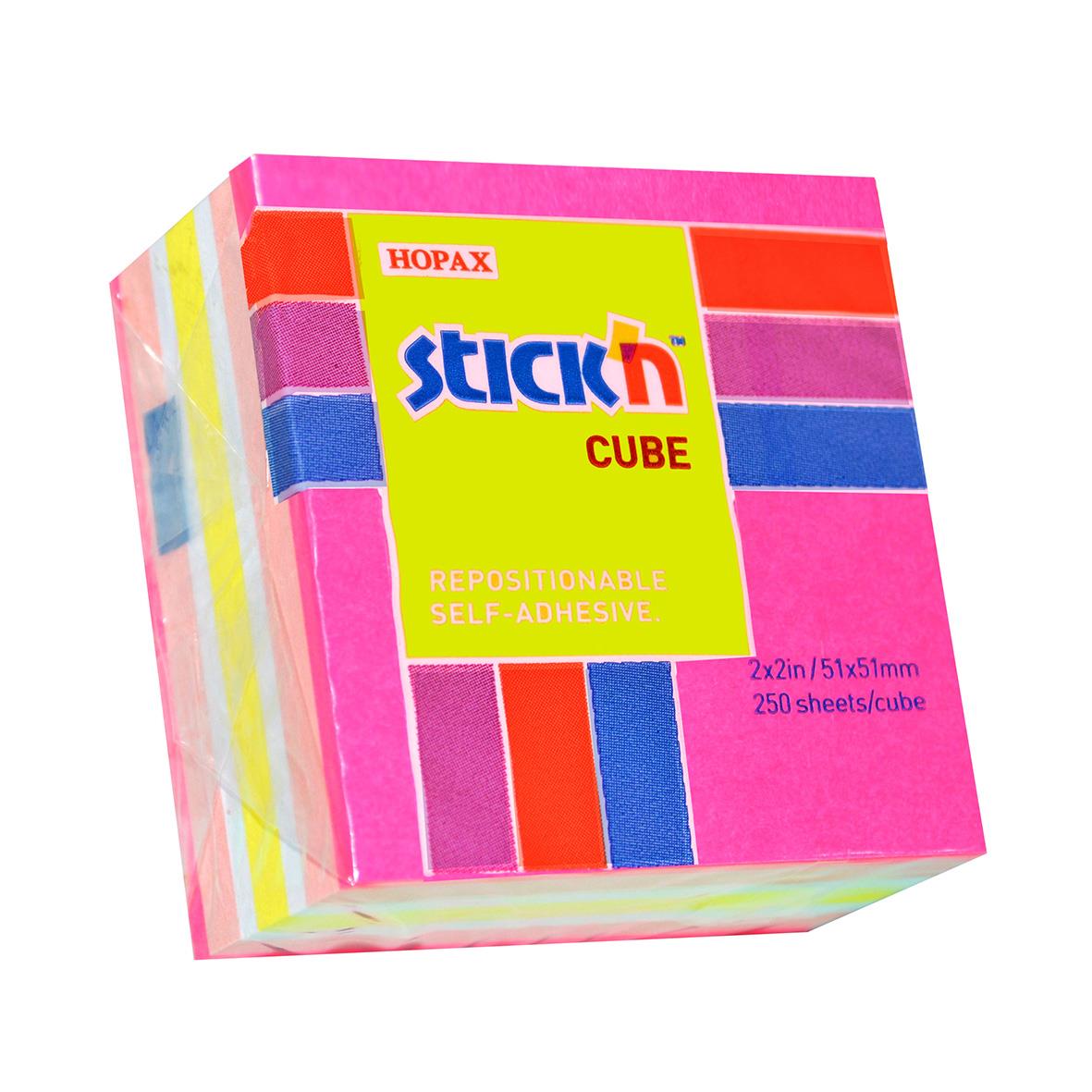 Rosa neonfärgade notiskub Stick'n 51x51mm, 250 blad, självhäftande