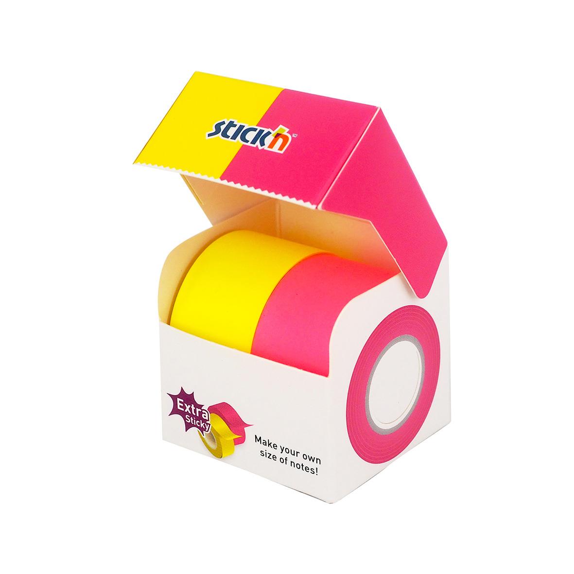 Neongul och rosa notisrulle Stick'n Extra Sticky med 2x25mmx10m i förpackning
