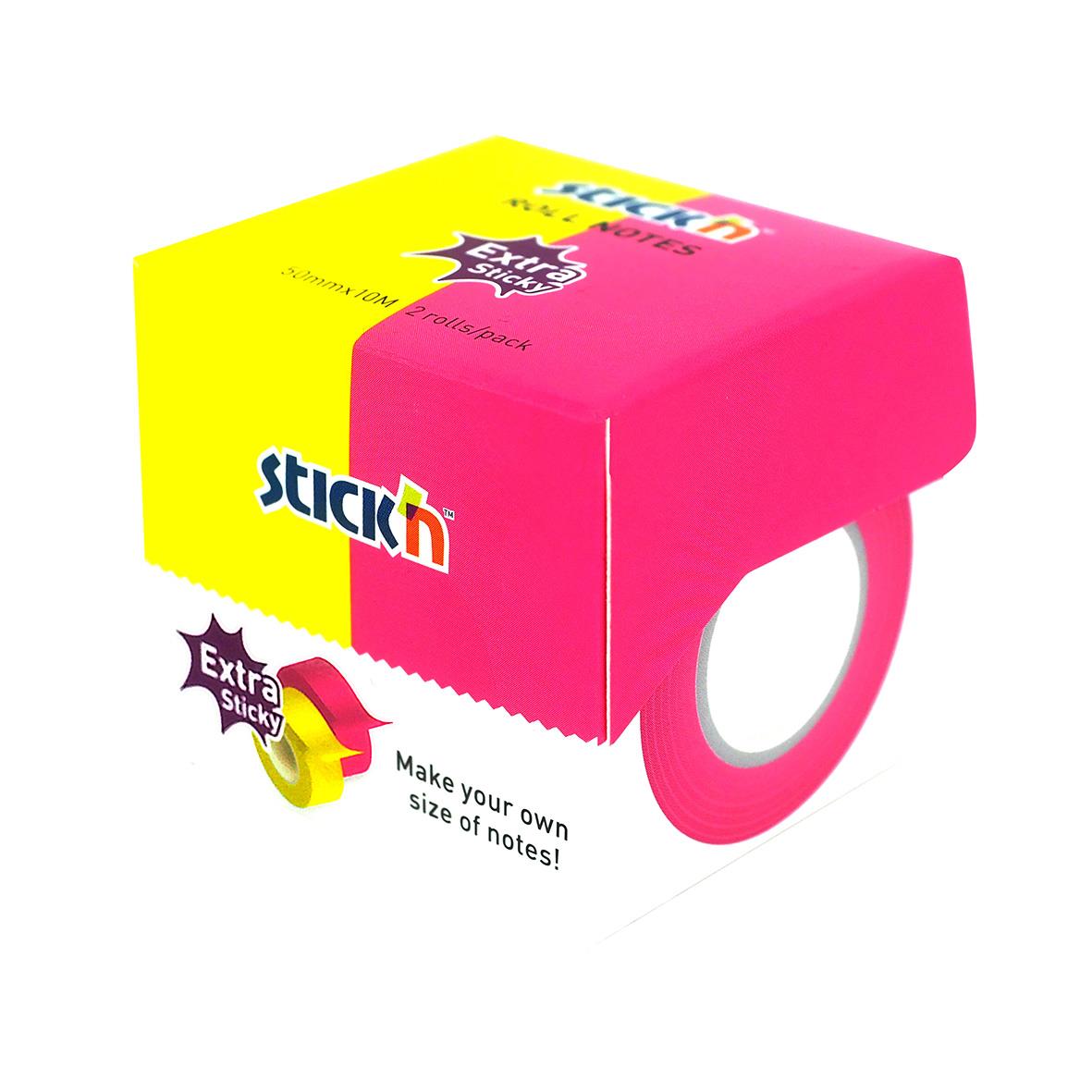 Rull med rosa och gul notisrulle Stick´n Extra Sticky Neongul/Rosa 2x25mmx10m