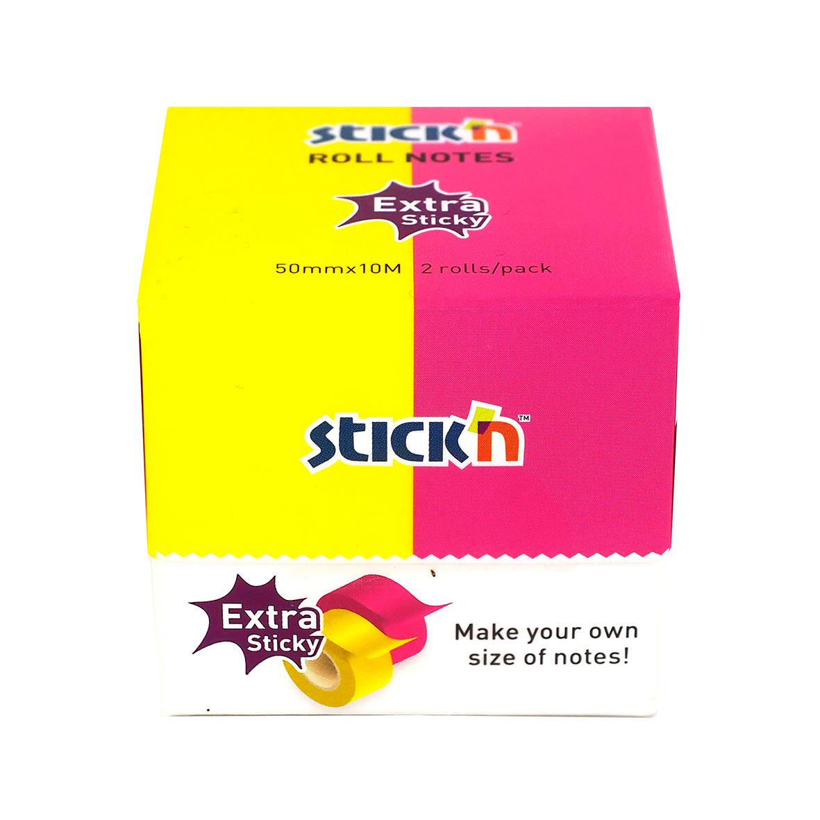Rosa och gul notisrulle Stick'n Extra Sticky Neongul/Rosa 2x25mmx10m