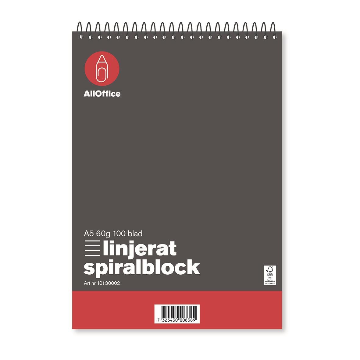 Spiralblock AllOffice Linjerat A5 60g med spiralbindning och grå omslag