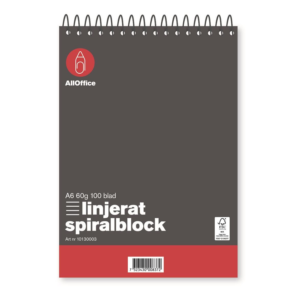 Spiralblock AllOffice Linjerat A6 60g med spiralbindning och grå omslag