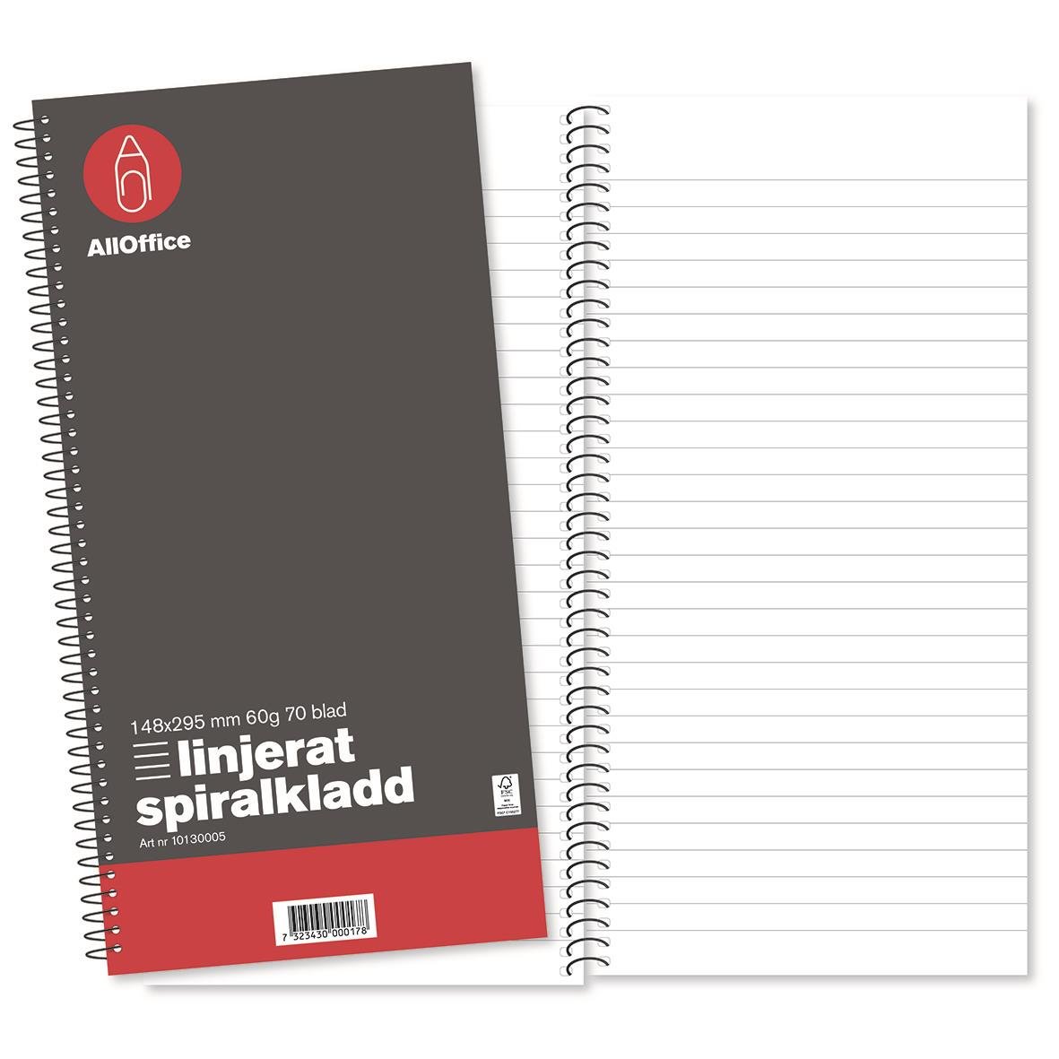 Spiralblock med linjerade blad, 70 sidor, 148x295mm, 60g papper, AllOffice