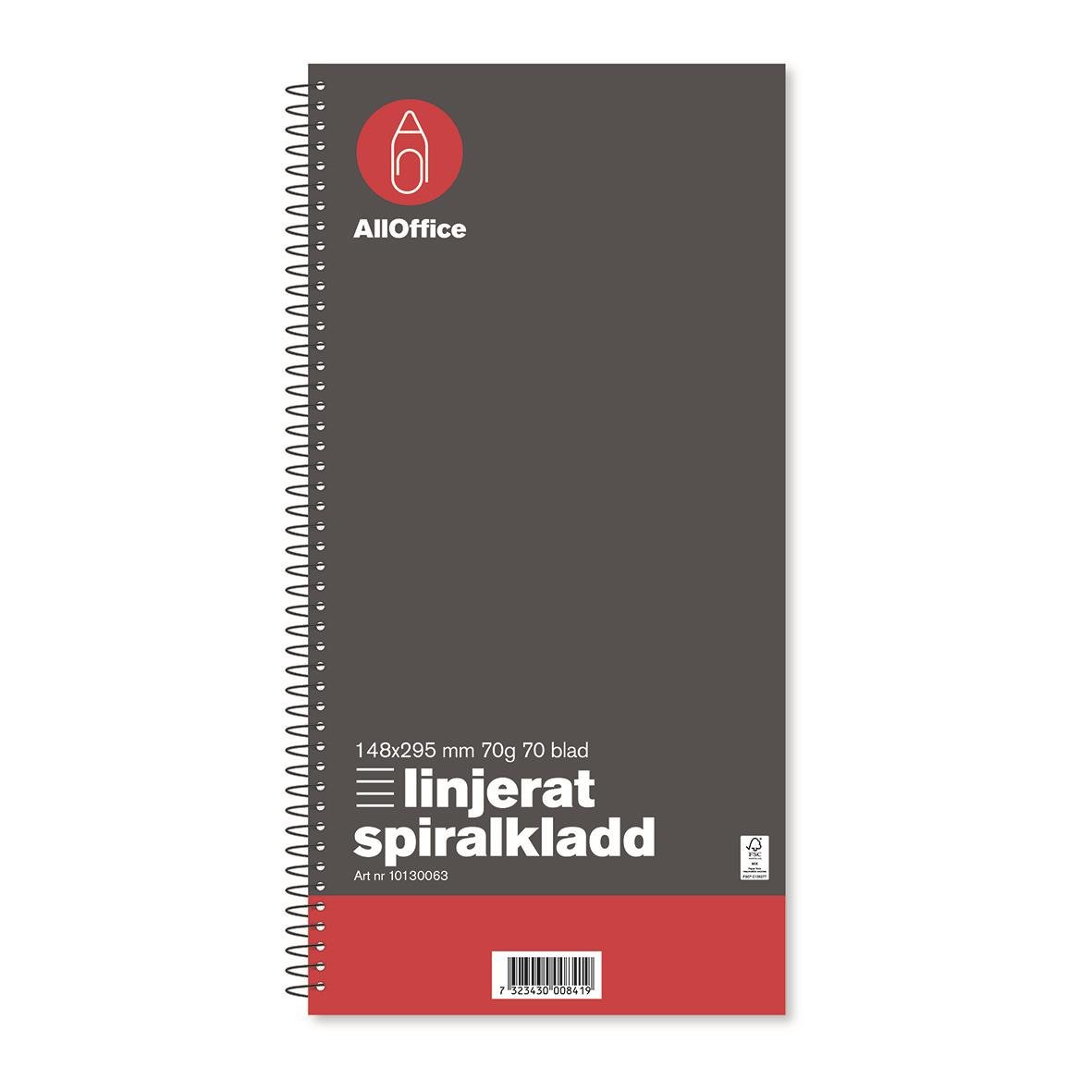 Spiralblock med linjerade blad, 70 g, 148x295 mm, 70 blad, svart omslag med röd detalj