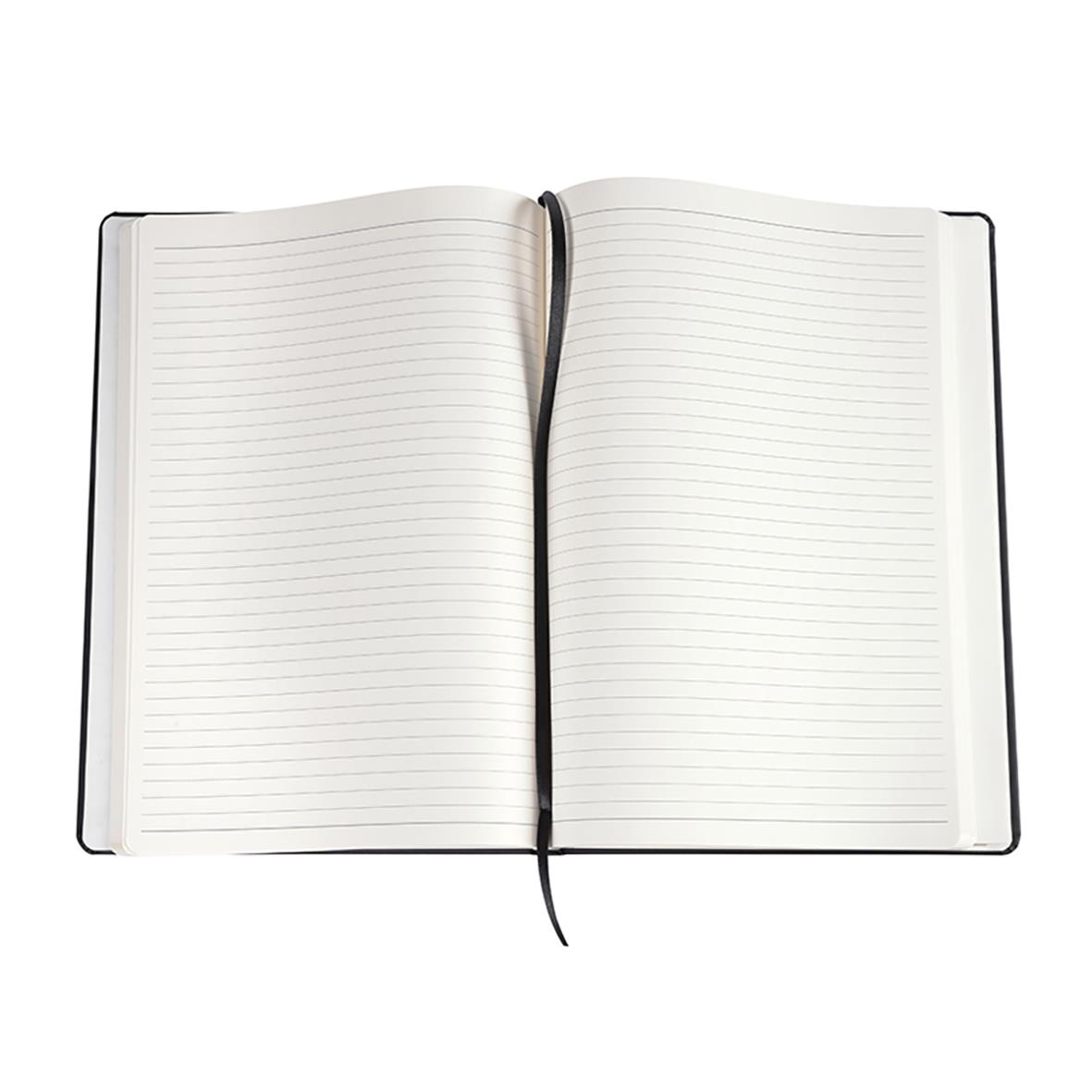 Svart linjerad anteckningsbok i A4-format, öppen med sidor och bokmärke