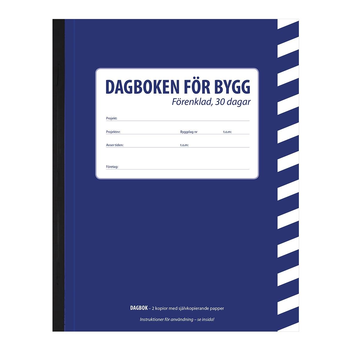 Byggdagbok 30-Dagars Förenklad A5 med blått omslag och vita ränder på sidan