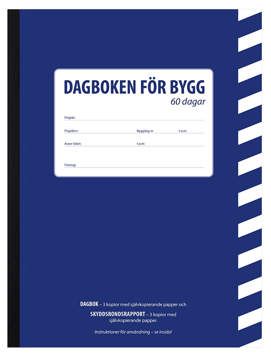 Byggdagbok 60-dagars A4 med blått omslag och vit text för byggprojekt