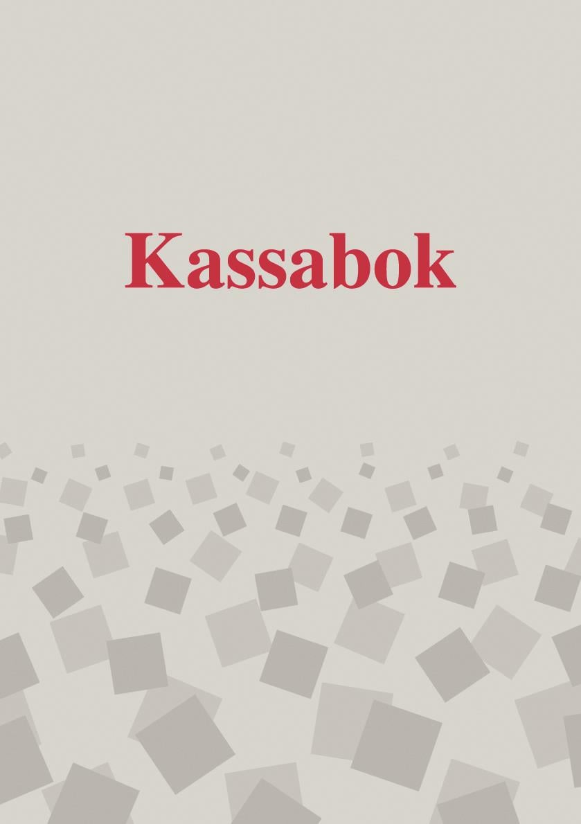 Kassabok med 32 sidor i A5-format med beige bakgrund och grafiska kvadrater, samt titeln Kassabok i rött.