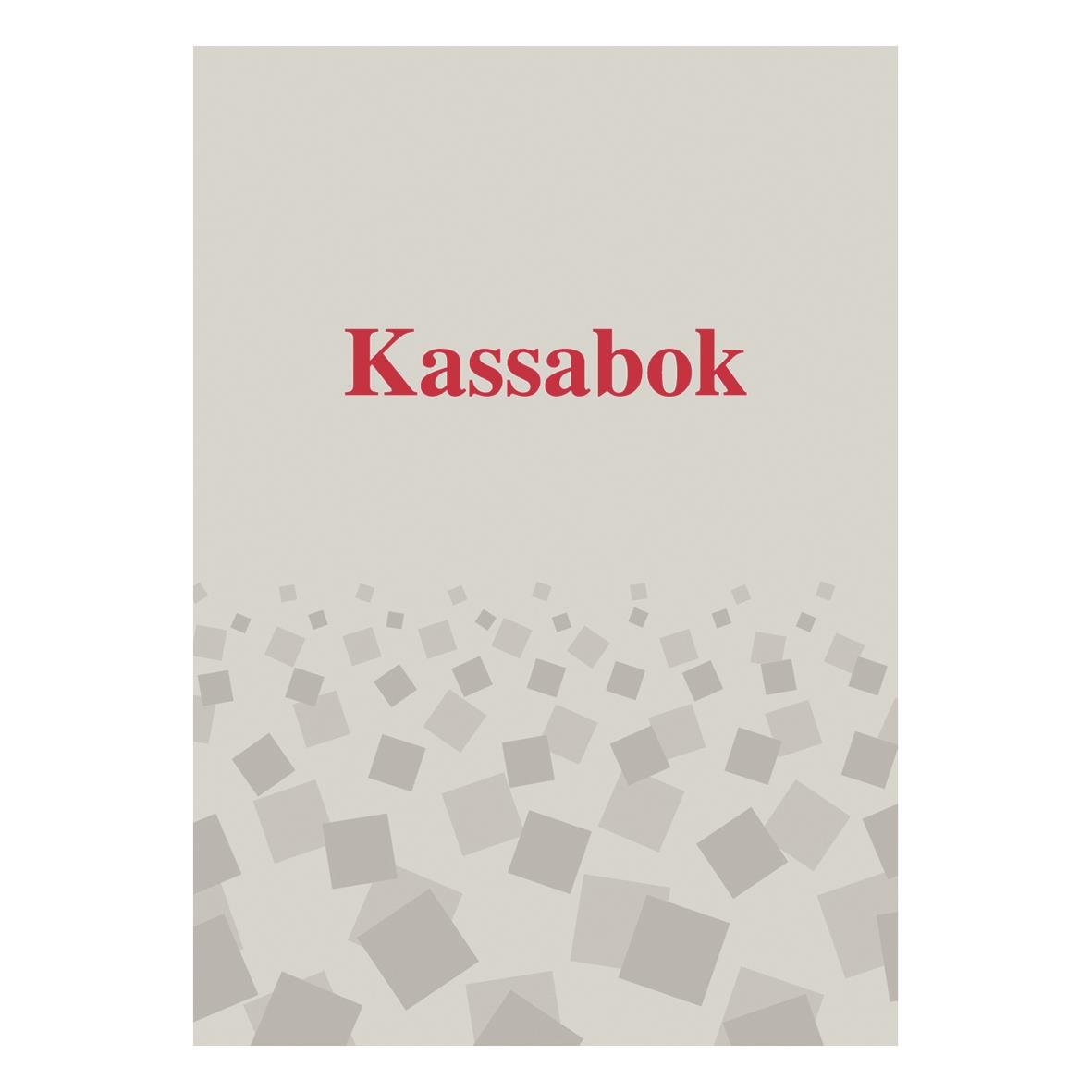 Kassabok med 32 sidor i A5-format med beige bakgrund och grafiska kvadrater, samt titeln Kassabok i rött.