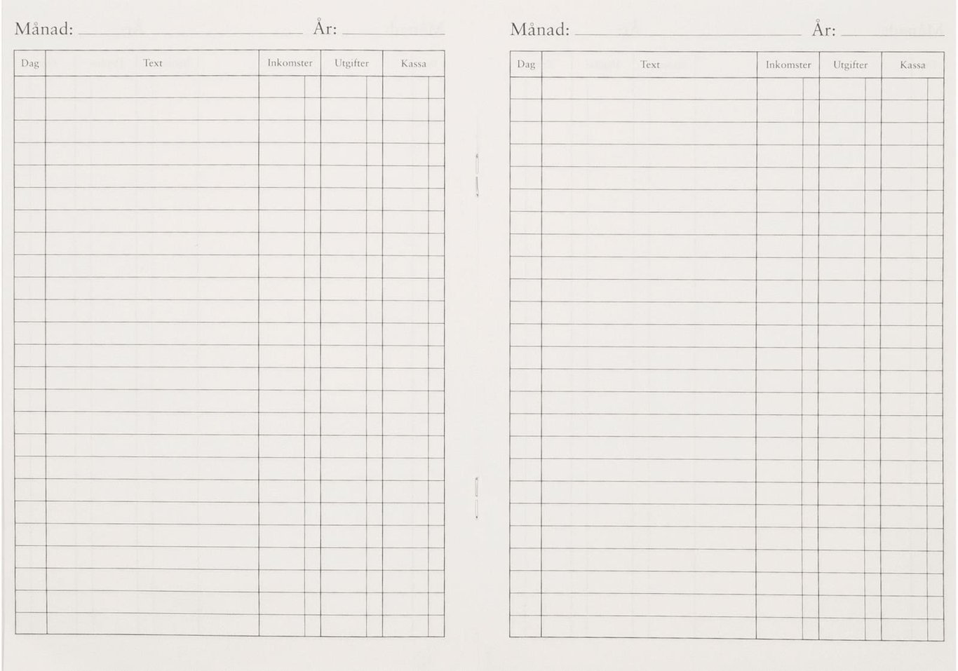 Kassabok med 32 sidor i A5-format för att registrera månads- och årsuppgifter