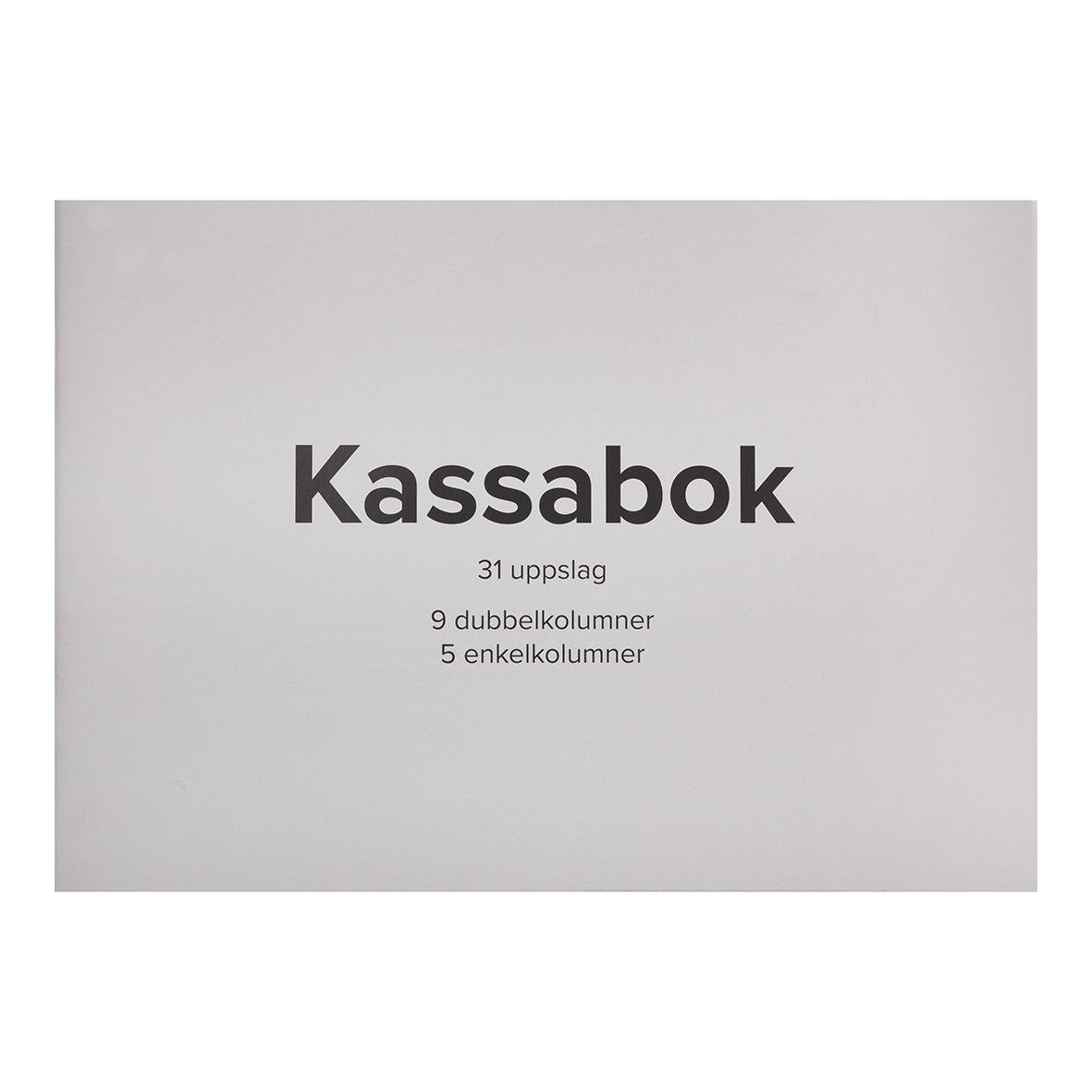 Kassabok med 31 sidor, 9 dubbelkolumner och 5 enkelkolumner för A4-format