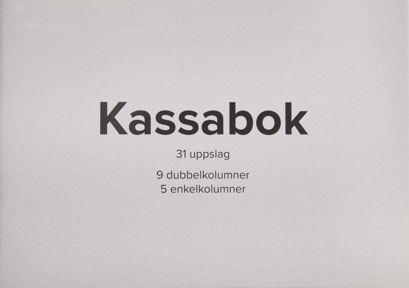 Kassabok med 31 sidor, 9 dubbelkolumner och 5 enkelkolumner för A4-format