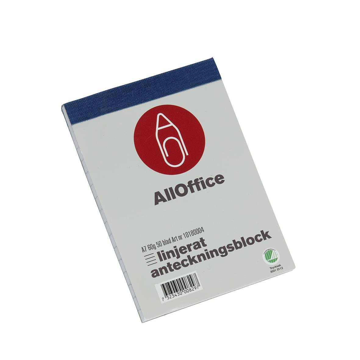 AllOffice linjerat anteckningsblock med blå pärm och röd ikon på framsidan