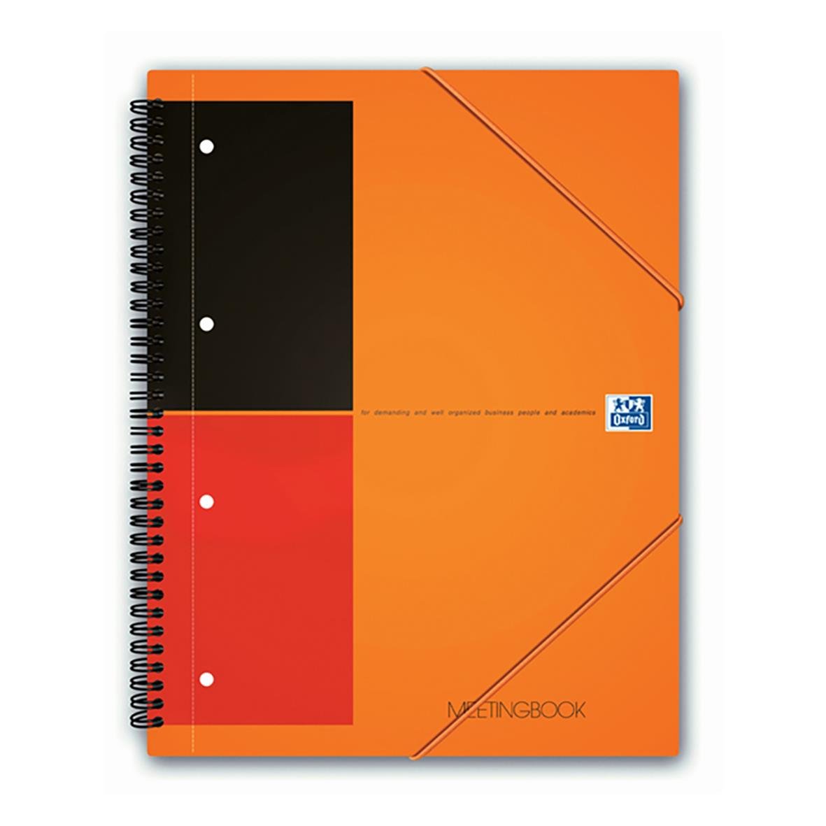 Oxford mötesblock med linjerade A5-sidor, orange omslag, spiralbindning och elastisk band