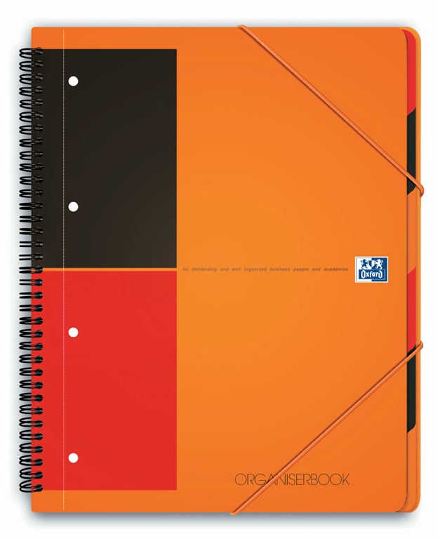 Kollegieblock Oxford Organiser Linjerat 80 blad A4+ 80g i orange och svart färg med elastisk band och spiralbindning