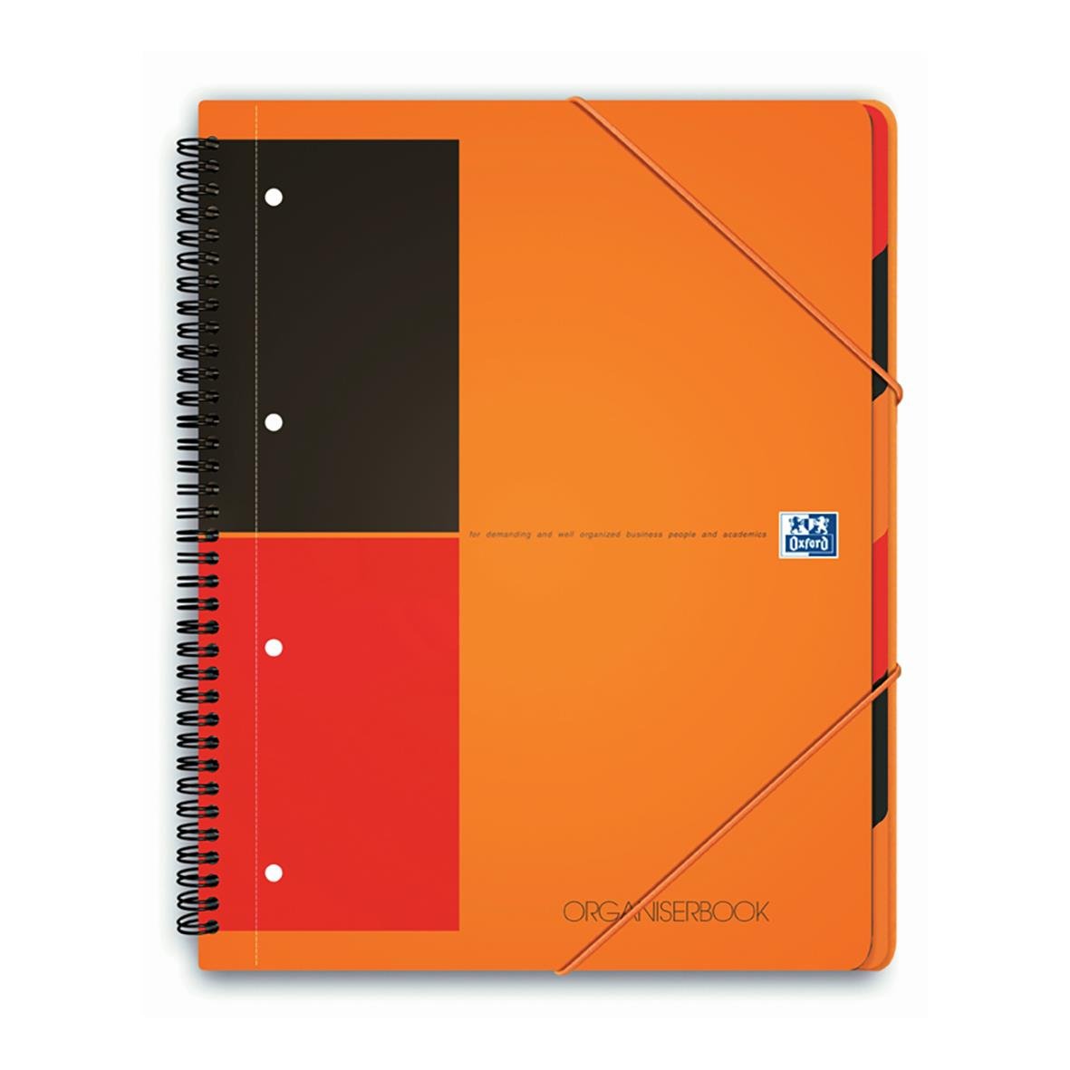 Kollegieblock Oxford Organiser Linjerat 80 blad A4+ 80g i orange och svart färg med elastisk band och spiralbindning