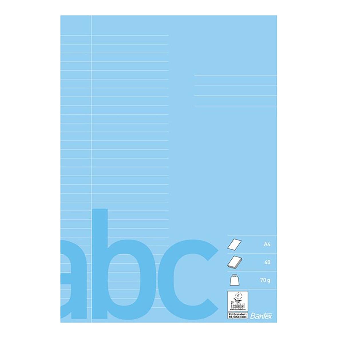 Ljusblå linjerat skrivhäfte med 40 blad, A4, 8,5mm linjeavstånd, 70g papper