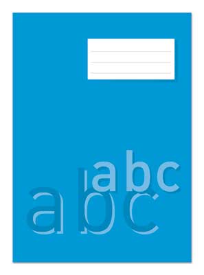 Ljusblått skrivhäfte med 40 linjerade A4-sidor och plats för namn