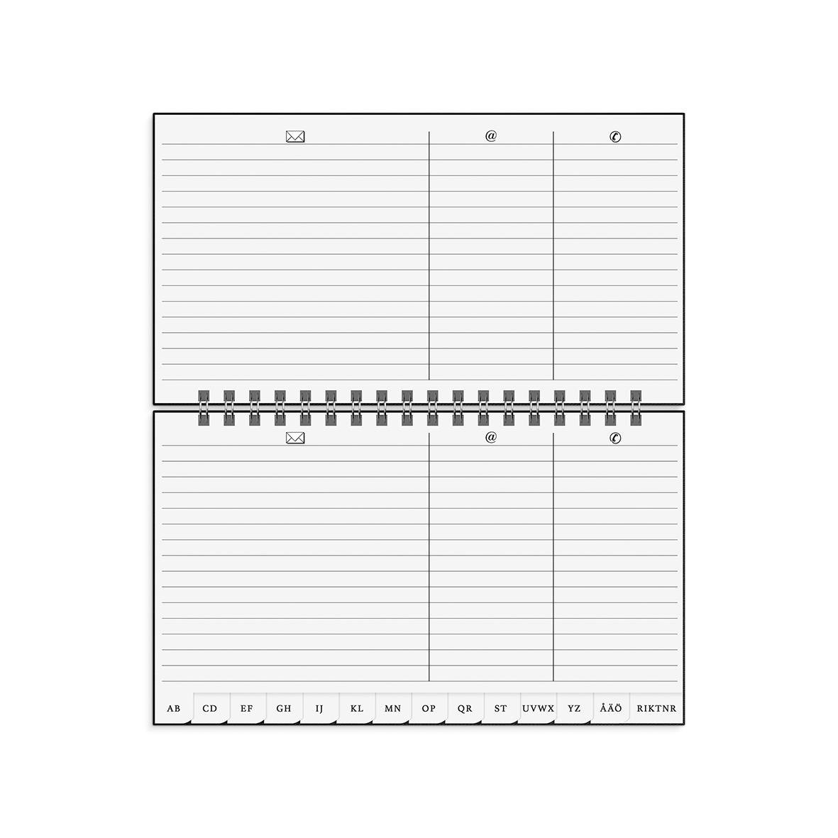 Telefonbok A-Ö med 50 blad, svart, storlek 175x105mm, för telefonnummer och kontaktuppgifter