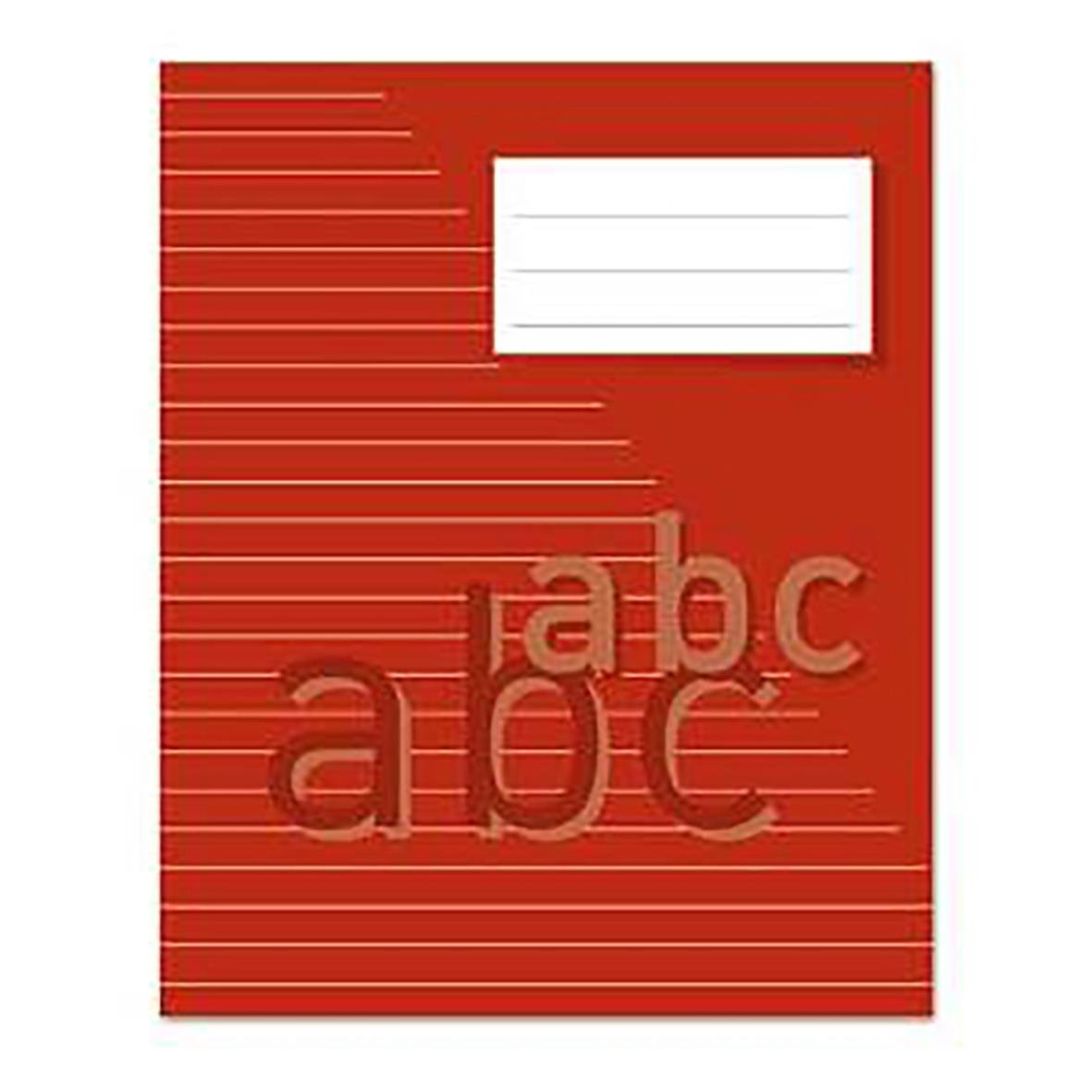 Rött skrivhäfte med linjerade sidor och vita etikettfält, 17x21cm, 32 blad, 70g papper
