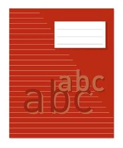 Rött skrivhäfte med linjerade sidor och vita etikettfält, 17x21cm, 32 blad, 70g papper