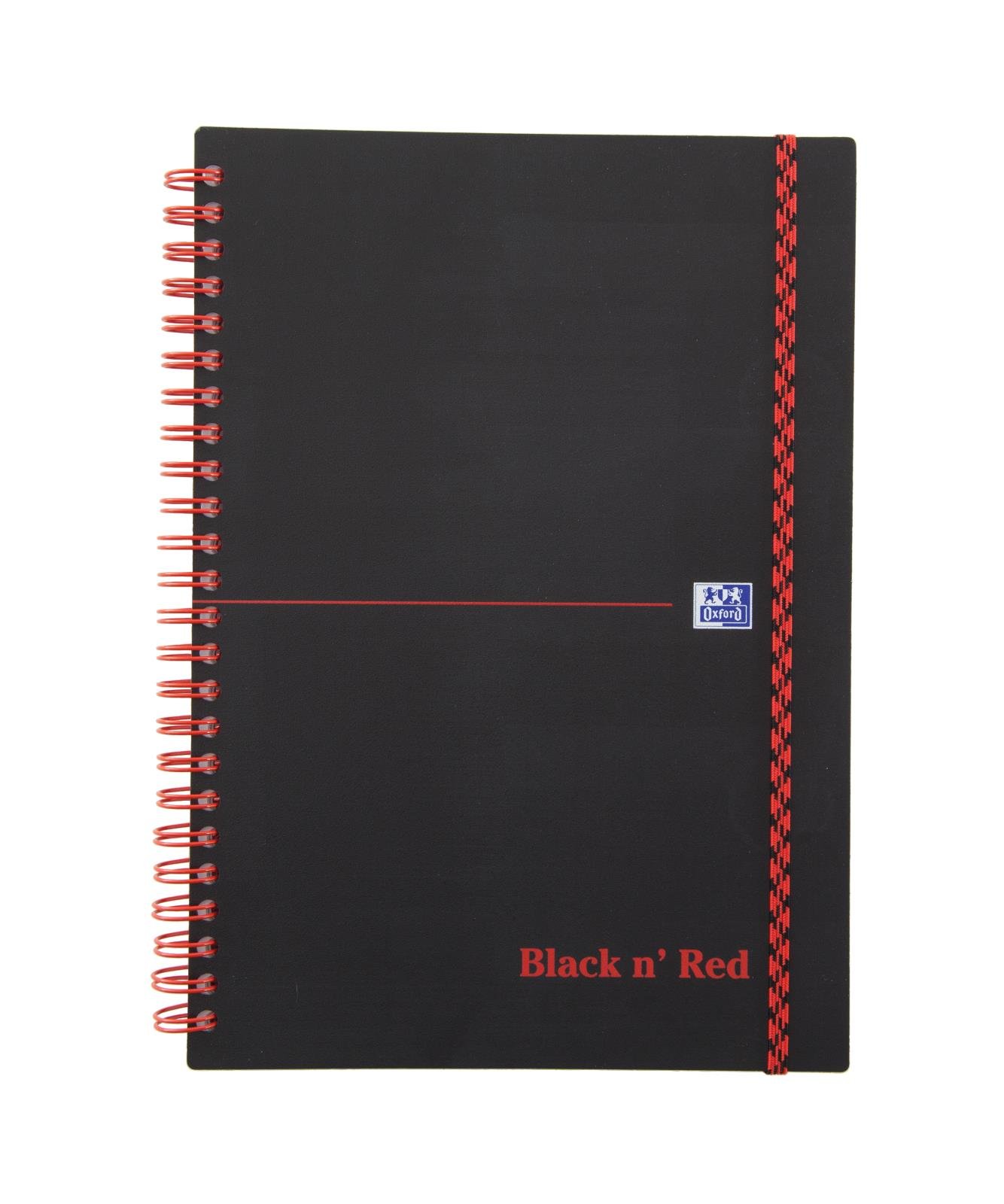 Kollegieblock Oxford Black n' Red med linjerade sidor, svart omslag, A5, 70 blad, 90g papper, spiralbindning i rött och gult